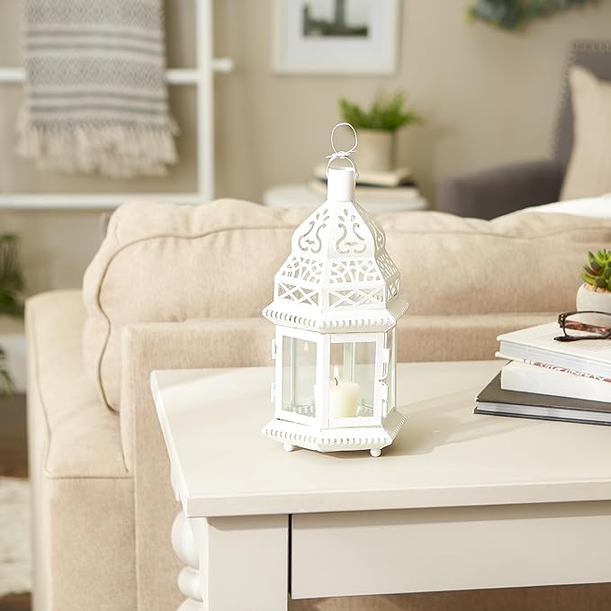 Zingz & Thingz Moroccan Style Candle Lantern Holder, Decorative Light Home Decor, Indoor & Outdoor, 13" Tall, White