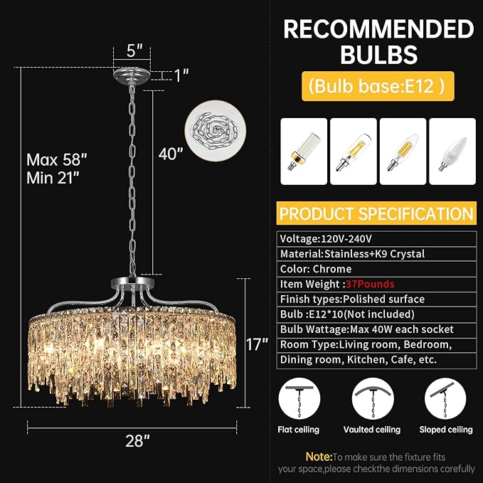 10 Lights Chrome Crystal Chandeliers for Dining Room Light Fixture | D28 Modern Round Crystal Chandelier Over Table | Hanging Lighting for Living Room Kitchen Island Bedroom Bathroom