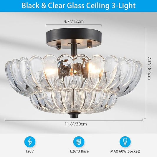 XINGQI 11.8" Semi Flush Mount Ceiling Light Fixture Modern Black 3-Light Scalloped Glass Close to Ceiling Lighting for Living Room Entryway Bedroom Closet Hallway (Bulb Not Included)