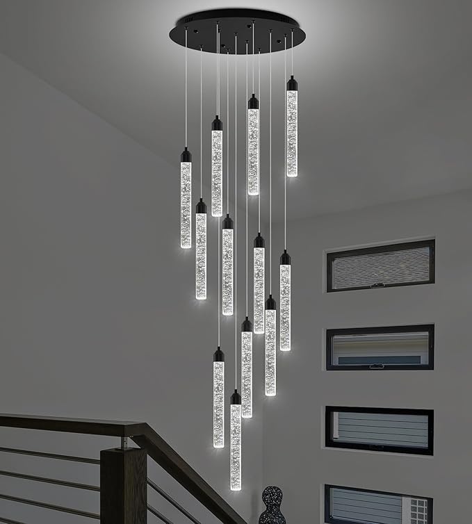 Crystal Staircase Chandelier, Modern Black Large Spiral Dimmable LED Cluster Raindrop Foyer Chandelier Lighting, Bubble Living Room Hanging Light Fixture 12 Light Remote Control