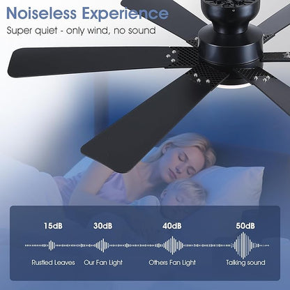 52" Low Profile Ceiling Fans with Lights and Remote, Black Indoor Ceiling Fan Light with Quiet Reversible DC Motor,Modern Flush Mount Ceiling Fans with Dimmable LED for Bedroom Kitchen