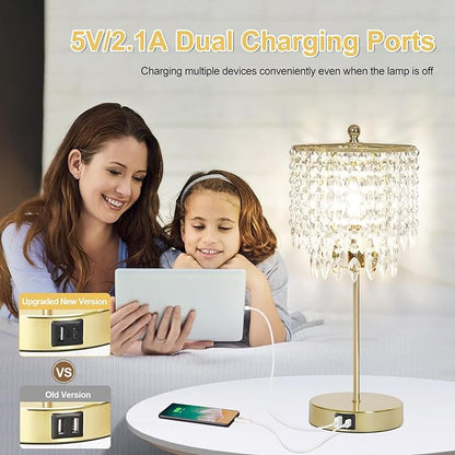Crystal Table Lamp Set of 2, 3-Way Dimmable Nightstand Lamp with 2 USB Charging Ports, Gold Bedside Lamp for Bedroom, Touch Lamp with Elegant Shade for Living Room, B11 LED Bulb Included