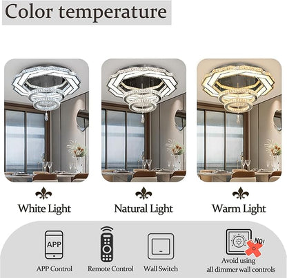 Flashing God 32in Crystal Ring Chandeliers for Living Room Flush Mount Ceiling Light for Bedroom Dining Room Hallway Dimmable LED 3 Rings Pendant Lighting