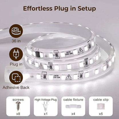 36inch Plug in Under Cabinet Lighting Strip for Kitchen, 120V Bright LED Under Counter Lights 6000k White Slim, Luces para Cocina Bajo Gabinete Under Shelf Wired Light for Sink/Workbench/Bookshelf