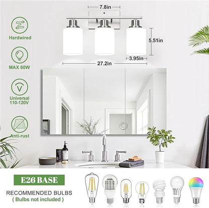 MOKATNG 3-Light Bathroom Light Fixtures, Brushed Nickel Vanity Light with Milky White Shades, Bathroom Lighting Fixtures Over Mirror, Modern Bathroom Wall Lamp for Mirror Living Room Cabinet Bedroom