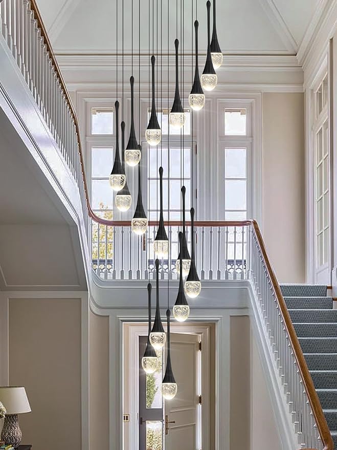 ykolupty Modern Crystal Chandeliers LED Dimmable Stairwell Chandelier Black Teardrop Chandelier Large Pendant Light for Entryway Foyer Living Room