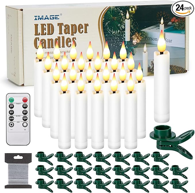 IMAGE 24Pcs LED Taper Candles Light Set Floating Effect with Fishing Line Flameless 3D Wick Ivory Candles with Clip-on Christmas Tree Design, 10-Key Remote with Timer, Warm White Light