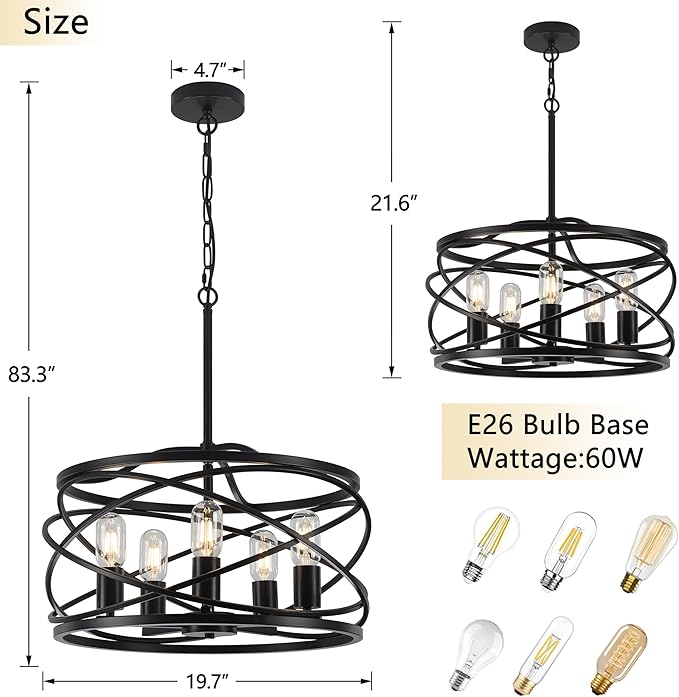 19.7'' Black Farmhouse Chandelier - 5-Light Industrial Drum Black Chandeliers for Dining Room Hanging Light Fixture for Entryway Kitchen Foyer Bedroom Living Room