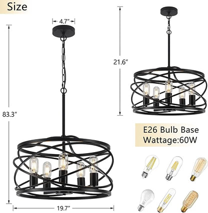 19.7'' Black Farmhouse Chandelier - 5-Light Industrial Drum Black Chandeliers for Dining Room Hanging Light Fixture for Entryway Kitchen Foyer Bedroom Living Room