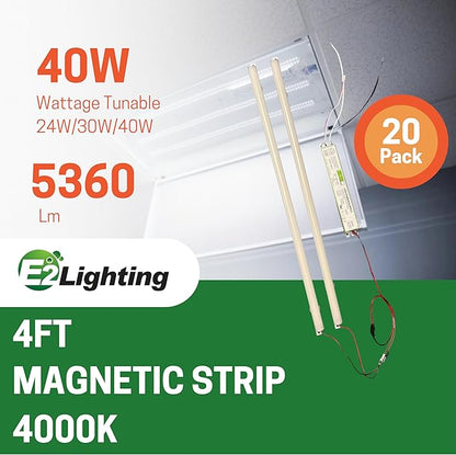E2 LIGHTING Retrofit Kit 4ft LED 40W, Magnetic Linear Strip, Fluorescent to LED Conversion Kit 4000K, 2x4ft Panel Light Tube, 5400LM Daylight White, 0-10V Dimmable, Office Use (4000K-20 Pack)