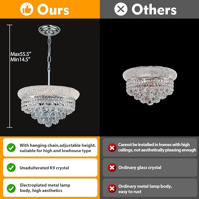 Crystal Chandeliers for Dining Room Light Fixture Over Table, Empire Style K9 Crystal Chandeliers for Bedroom, 4 Lights Chrome Luxury Lighting Fixtures for Entryway Kitchen Island Foyer D15 Inch