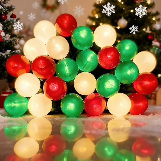 Round Christmas Lights Outdoor 13.5Ft G15 Red Green White Christmas Lights 50 LED Mini Globe String Light Indoor, Shatterproof Connectable & Plug in Xmas Light for Home Wreath Porch Patio Tree Decor