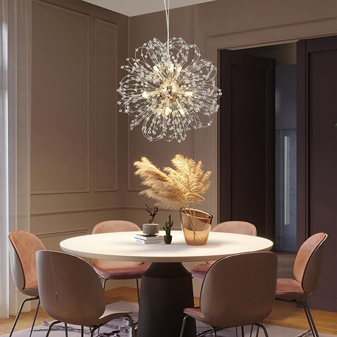 Dandelion Crystal Chandeliers, 9-Light Modern Firework Chandelier for Dining Room, Gold Sputnik Pendant Light Fixture for Bedroom, Living Room, Kitchen, Restaurant