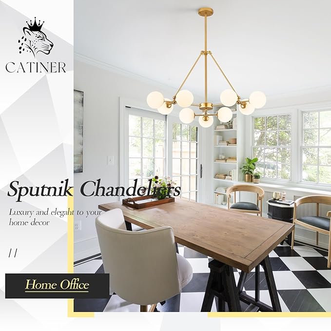 CATINER Modern Gold Sputnik Chandeliers L40”9-Lights Mid Century Ceiling Pendant Lighting Fixtures with Milk Glass Globe Shades for Foyer Entryway Kitchen Bedroom Living Dining Room