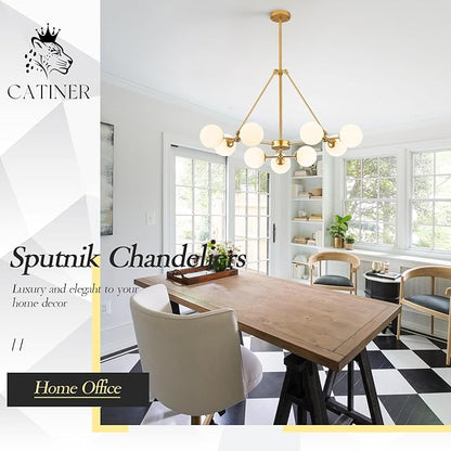 CATINER Modern Gold Sputnik Chandeliers L40”9-Lights Mid Century Ceiling Pendant Lighting Fixtures with Milk Glass Globe Shades for Foyer Entryway Kitchen Bedroom Living Dining Room
