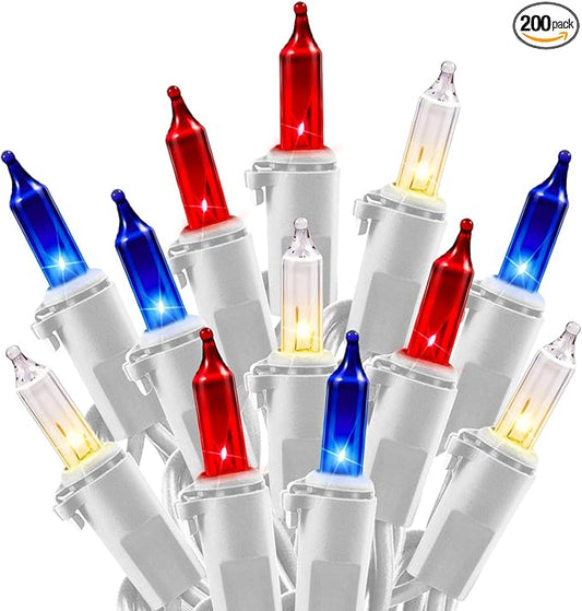 4th of July Decoration Patriotic Mini Lights - 200 Count 40 Feet Red White Blue Incandescent Bulb Waterproof String Lights Plug in for Indoor Outdoor Christmas Party Patio Independence Day Decoration
