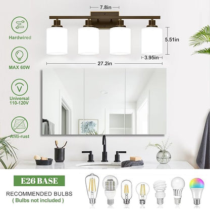 MOKATNG 4-Light Bathroom Light Fixtures, Vanity Light with Milky White Shades, Oil-Rubbed Bronze Bathroom Light Fixtures Over Mirror, Modern Bathroom Wall Lamp for Mirror Living Room Cabinet Bedroom