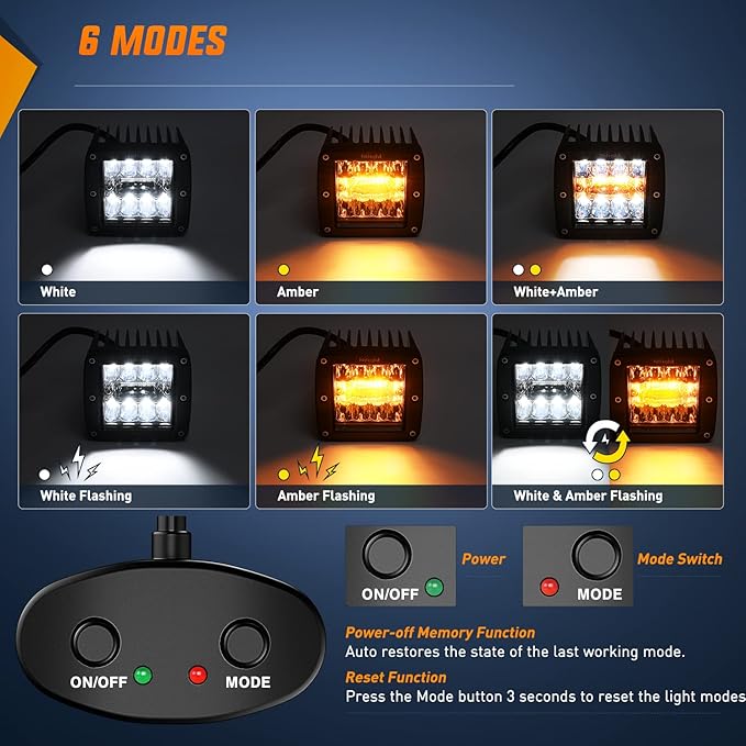 Nilight 2PCS 42W Light Bar 3Inch Cube Pod Light Amber White Strobe 6 Modes Memory Function, Ideal for Fog & Snow Conditions, Off-Road Truck Car ATV Jeep Boat with 16AWG Wiring Harness Kit-2 Leads