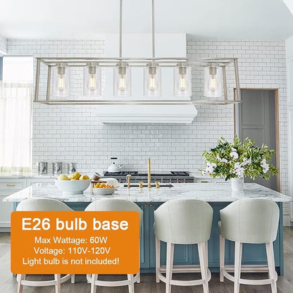 Modern Chandeliers 6 Light Brushed Nickel Dining Room Lighting Fixtures Hanging Rectangular Kitchen Island Pendant Lights Industrial Flush Mount Ceiling Light with Glass Shade