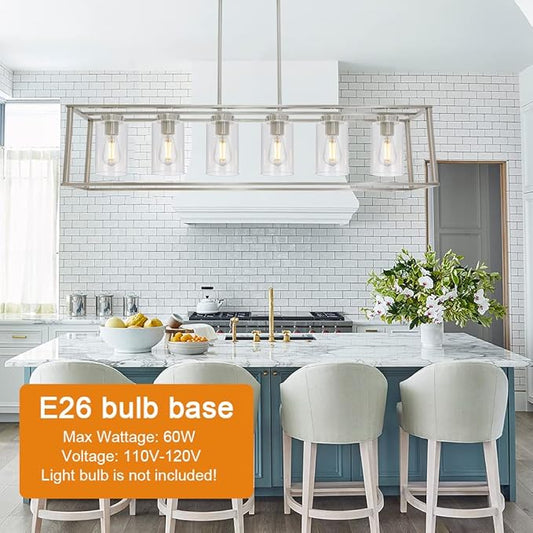Modern Chandeliers 6 Light Brushed Nickel Dining Room Lighting Fixtures Hanging Rectangular Kitchen Island Pendant Lights Industrial Flush Mount Ceiling Light with Glass Shade