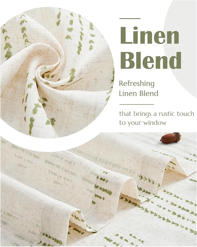 jinchan Boho Kitchen Curtains Linen Cafe Tier Curtains 24 Inch Bohemian Geometric Striped Mudcloth Small Window Drapes for Living Room Bathroom Light Filtering Back Tab 2 Panels Sage Green on Flax