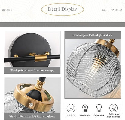 Vintage Bathroom Vanity Light Fixture Modern Wall Sconce Over Mirror with Ribbed Smoky Gray Globe Lamp Shade Mid Century Black Gold Vanity Lights Fixtures for Farmhouse Dining Room