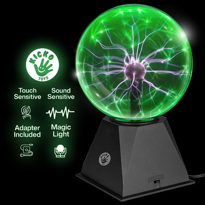 Kicko 7” Green Plasma Ball Touch Sensitive, Nebula Thunder Lightning Plug-in Plasma Globe, Crystal Ball for Parties, Science Decorations, Props, Light Up Ball for Kids, Bedroom Decor, Home