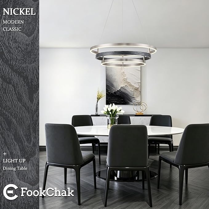 Modern LED Chandelier Black Wood Dimmable 3 Ring Brushed Nickel Chandeliers Light 24in Dining Room Chandeliers for Entryway Foyer Kitchen Island Living Room Study Room