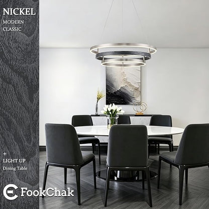 Modern LED Chandelier Black Wood Dimmable 3 Ring Brushed Nickel Chandeliers Light 24in Dining Room Chandeliers for Entryway Foyer Kitchen Island Living Room Study Room
