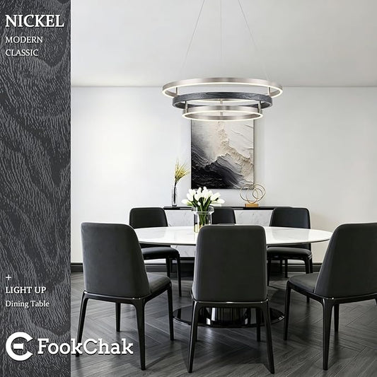 Modern LED Chandelier Black Wood Dimmable 3 Ring Brushed Nickel Chandeliers Light 24in Dining Room Chandeliers for Entryway Foyer Kitchen Island Living Room Study Room