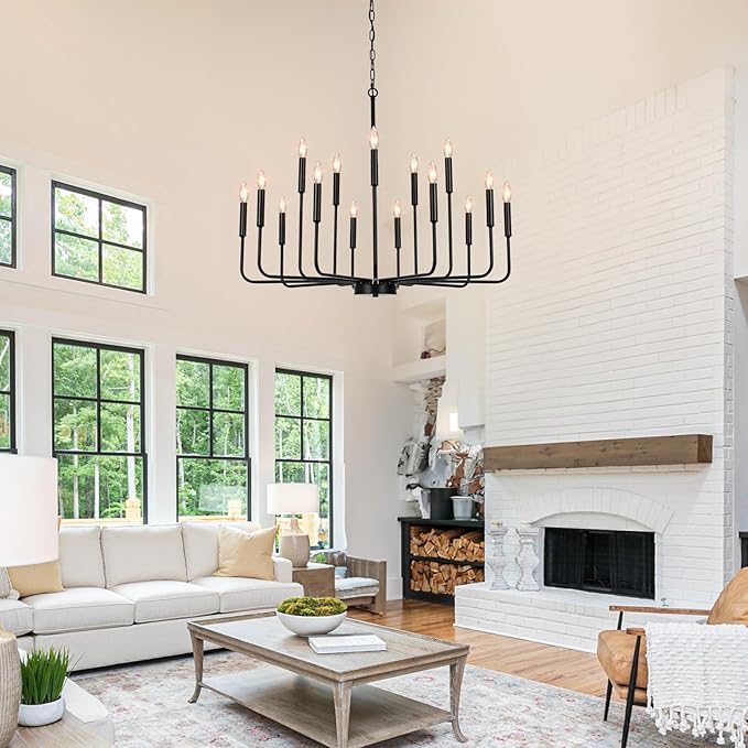 Black Chandeliers for Dining Room Light Fixture Over Table, Modern Farmhouse Chandeliers for Living Room,15-Lights Industrial Metal Candle Lighting Fixtures for Entryway Kitchen Island Foyer