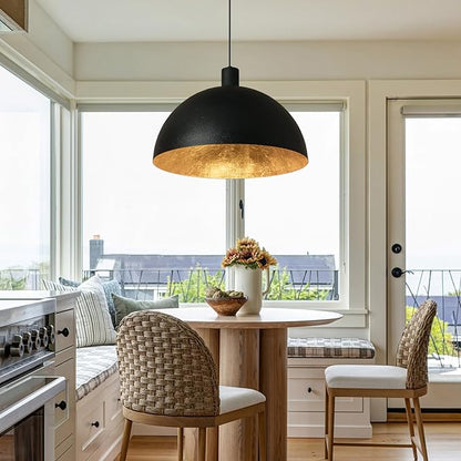Black and Gold Dome Pendant Light, 20 Inch Large Dome Chandelier Industrial Fixture with Gold Leaf Interior for Dining Room, Kitchen Island, Bar or loft.