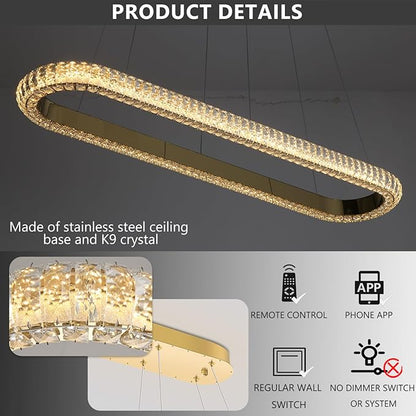 47'' Oval Ring Crystal Chandelier Modern LED Dimmable Ring Pendant Light Chandelier for Dining Room Living Room Gold