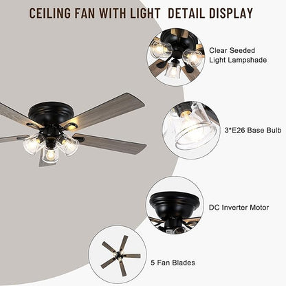 52" Flush Mount Ceiling Fan with Lights and Remote Control,Industrial Farmhouse Ceiling Fan,Reversible Quiet Motor,5 Wood Blades,3 Clear Glass Lights for Bedroom Living Room Kitchen
