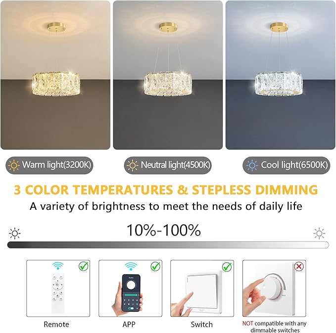 Modern Crystal Chandelier 8W Dimmable LED Crystal Pendant Light Fixtures Height Adjustable Round Gold Chandeliers for Dining Room Hallway Bedroom