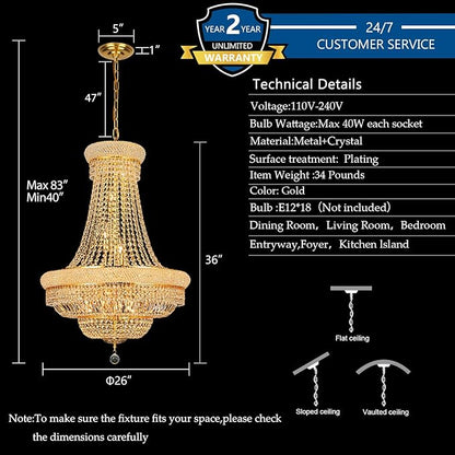 Crystal Chandeliers for Dining Room Light Fixture，Empire Style K9 Crystal Chandeliers for Entryway，18 Lights Gold Luxury Lighting Fixtures for Living Room Bedroom Foyer Hallway D26 Inch