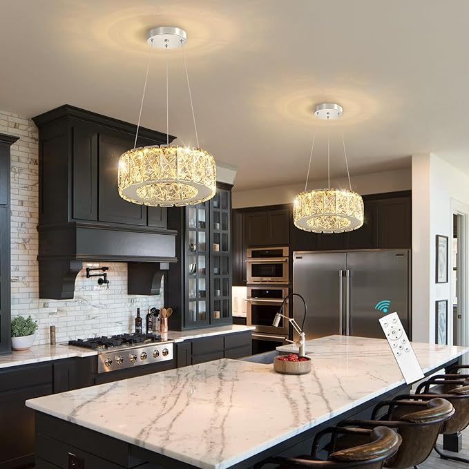 Modern Crystal Chandelier 8W Dimmable LED Crystal Pendant Light Fixtures Height Adjustable Round Chandeliers for Dining Room Hallway Bedroom Silver