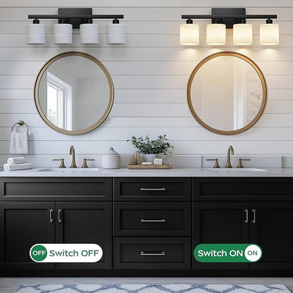 PARTPHONER Bathroom Light Fixtures, Bathroom Lighting Fixtures Over Mirror, Interior Classic Vanity Lights, Modern Vanity Light with Textured White Glass Shade, Matte Black, 4-Light