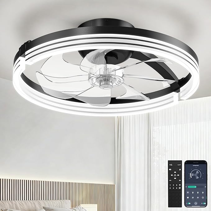 Ceiling Fans with Lights and Remote Low Profile Flush Mount LED Ceiling Fan with Lights 3000K-6500K Dimmable Foldable Fandelier Light 6 Wind Speeds Night Light for Bedroom Living Room Black Striped