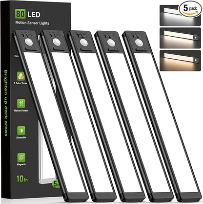 MCGOR 5 Pack 10inch Under Cabinet Lighting, Rechargeable Motion Sensor Light Indoor with 3 Color Temps, Dimmable Magnetic Led Closet Lights, Wireless Under Counter Lights for Kitchen, Stairs,Black
