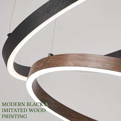 7 Ring LED Chandelier Black Walnut Wood Chandelier Large Dimmable Circular Chandeliers Light High Ceiling Round Chandeliers for Foyer Staircase Living Room 31in