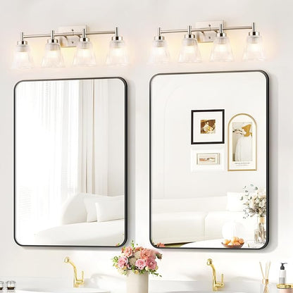 OCIOC 4-Light Vanity light fixtures, Brushed Nickel Vanity lights over mirror makeup light wall sconces with clear Striped glass shade, Bathroom lighting fixtures for Living room, Bedroom, Kitchen