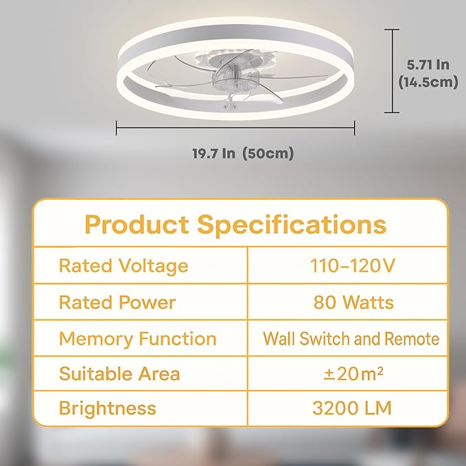 Fszdorj Ceiling Fan with Light, Upgraded 20‘’ Low Profile Fan, Flush Mount Ceiling Fan, 6 Speeds, Dimmable LED, App & Remote Control, Quiet DC Motor, For Bedroom, Living Room, F105 White