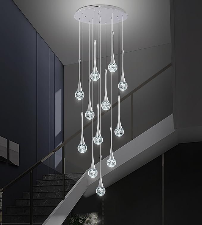 Modern Chrome Crystal Chandelier for High Ceiling 12-Lights, 120 Inches Luxury Spiral Dimmable LED Bubble Raindrop Pendant Lighting Fixture for Staircase Foyer Entryway Living Room