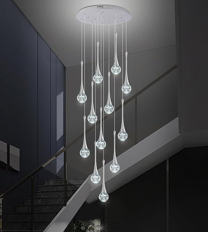 Modern Chrome Crystal Chandelier for High Ceiling 12-Lights, 120 Inches Luxury Spiral Dimmable LED Bubble Raindrop Pendant Lighting Fixture for Staircase Foyer Entryway Living Room