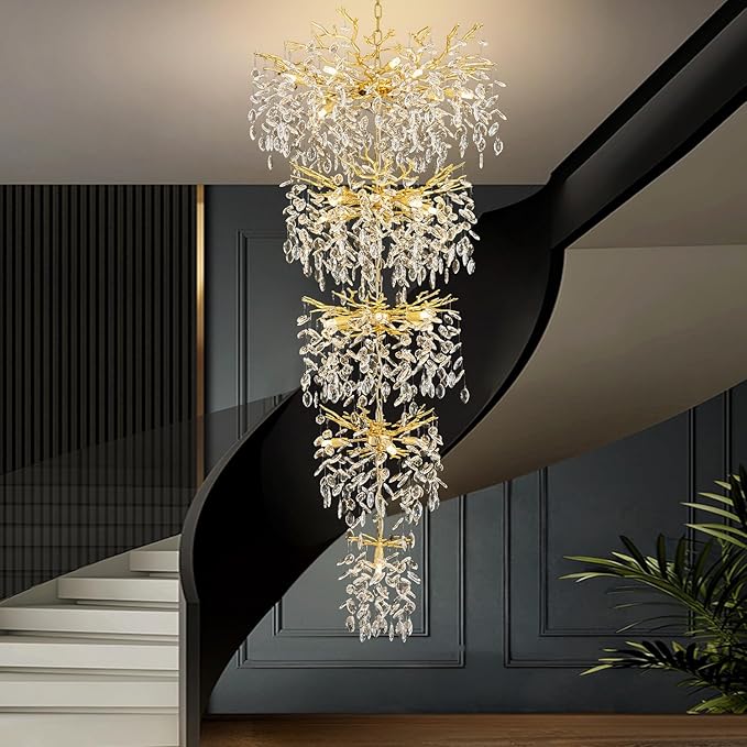 Modern Tree Branch Crystal Chandelier 102" Gold Luxury Large Pendant Lighting 28-Light Contemporary K9 Crystal Chandeliers for Dining Room Kitchen Living Room Foyer Entryway (Gold, H102"-Round)