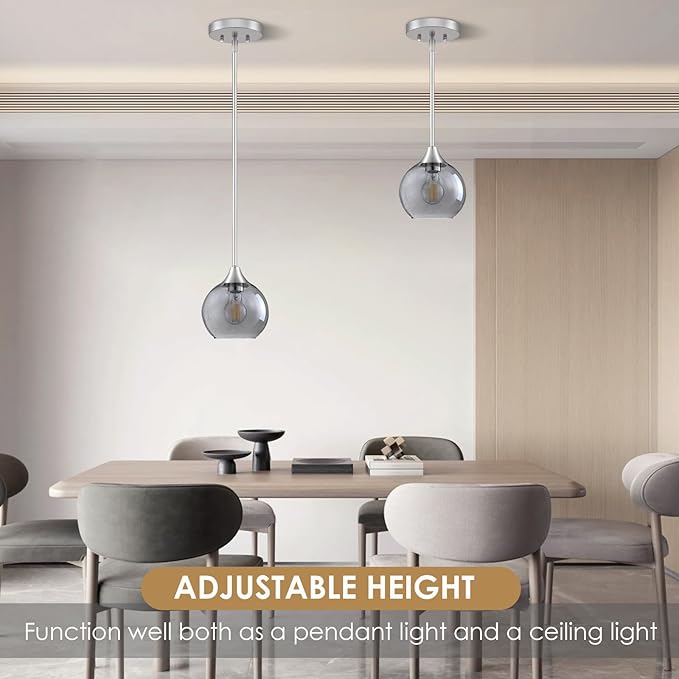 Pendant Lights Kitchen Island 2 Pack, Grey Seeded Glass Pendant Light Fixtures & Adjustable Rods, Brushed Nickel Kitchen Island Lighting, Modern Island Lights for Kitchen Dining Room E26 Base