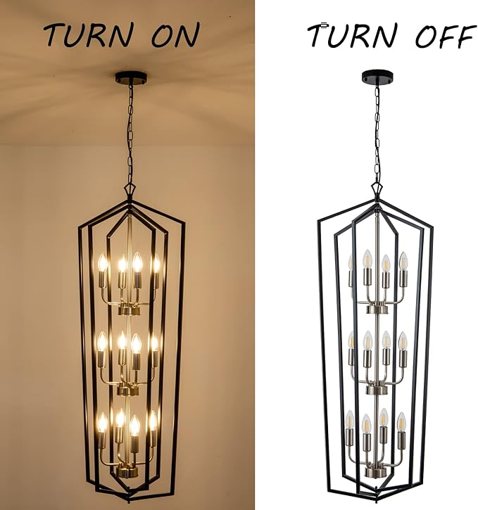 Lanhall 12-Light Lantern Tired Foyer Entryway Hanging Lights Farmhouse High Ceiling Pendant Lights Industrial Chandelier for Hall Foyer Entryway Living Room-Brushed Nickel