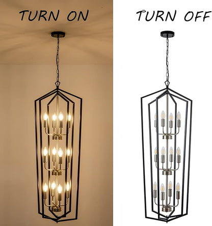Lanhall 12-Light Lantern Tired Foyer Entryway Hanging Lights Farmhouse High Ceiling Pendant Lights Industrial Chandelier for Hall Foyer Entryway Living Room-Brushed Nickel