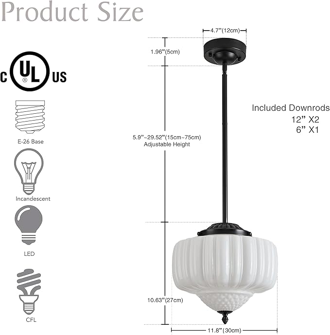 FCTWAKS Schoolhouse Pendant Light, 12" Black Schoolhouse Ceiling Light Fixture with Milk Glass White Shade, Adjustable Height, Mid Century Modern Pendant Lighting for Kitchen Island Dining Room